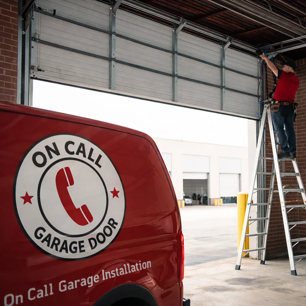 A large commercial sectional steel door being installed on a warehouse loading bay, with a technician working from a ladder near the header track.