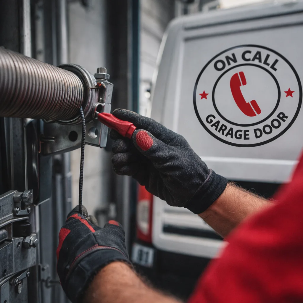 Close-up of a heavy-duty commercial torsion spring and track hardware on a warehouse rolling steel door, technician's gloved hands adjusting it.