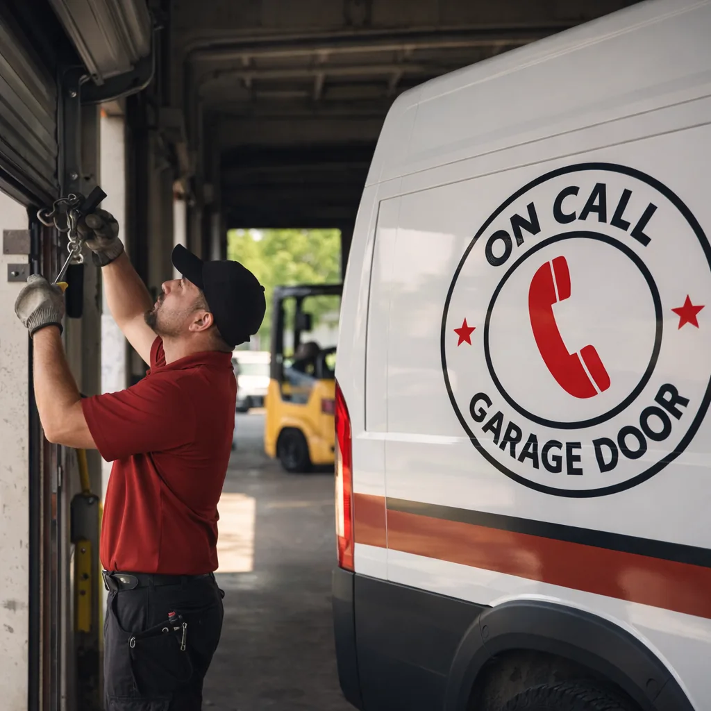 A uniformed technician repairing a large rolling steel commercial garage door at a warehouse loading dock, forklift visible in the background.