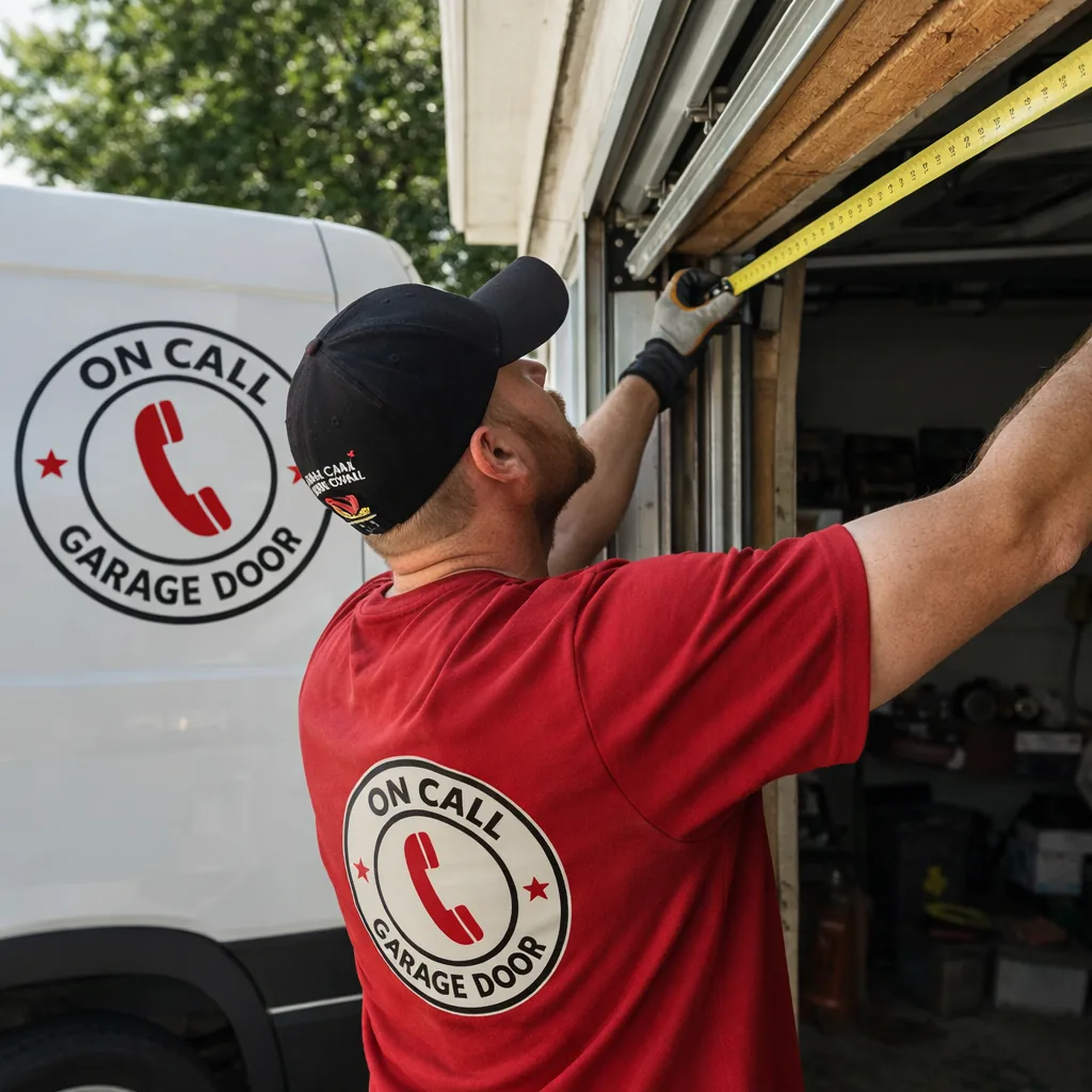 A technician measuring a garage door opening with a tape measure, checking the width and header clearance before ordering a replacement door