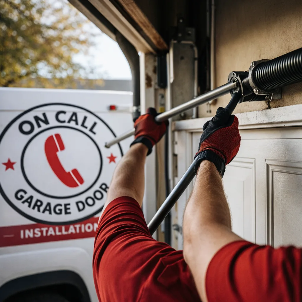 Close-up of a technician's gloved hands winding a torsion spring above a residential garage door, winding bars visible.