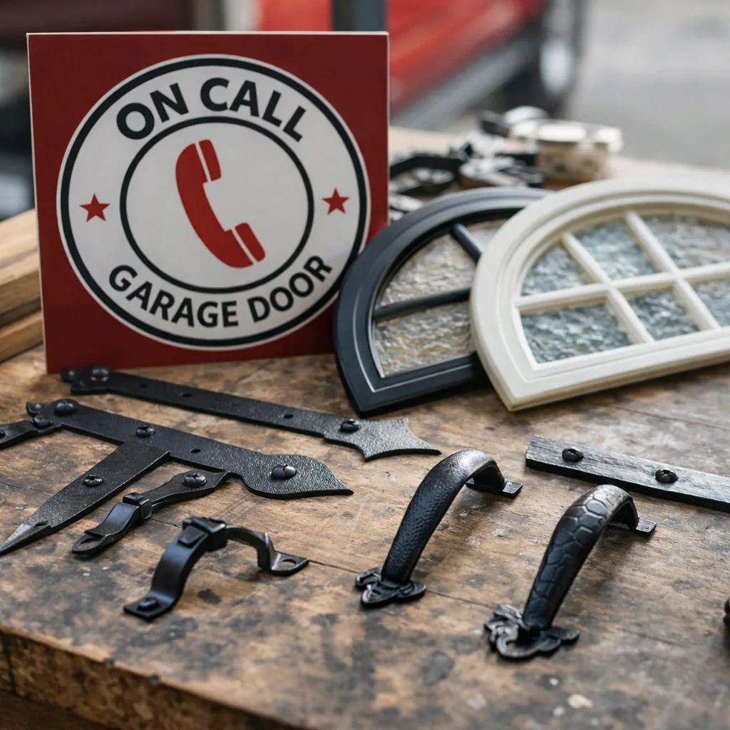 Close-up of garage door hardware samples, including decorative handles, strap hinges, and window insert options, laid out on a workbench.