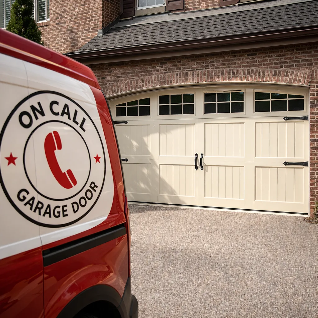 A custom carriage-house style garage door with decorative strap hinges and arched windows on a two-story brick home.