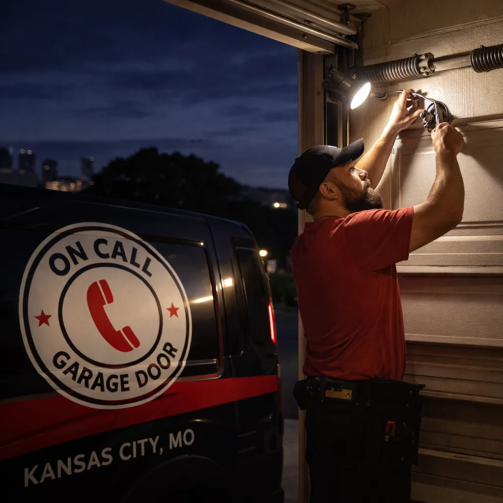 A technician working after dark on a garage door with a work light illuminating a broken torsion spring, conveying urgent after-hours service