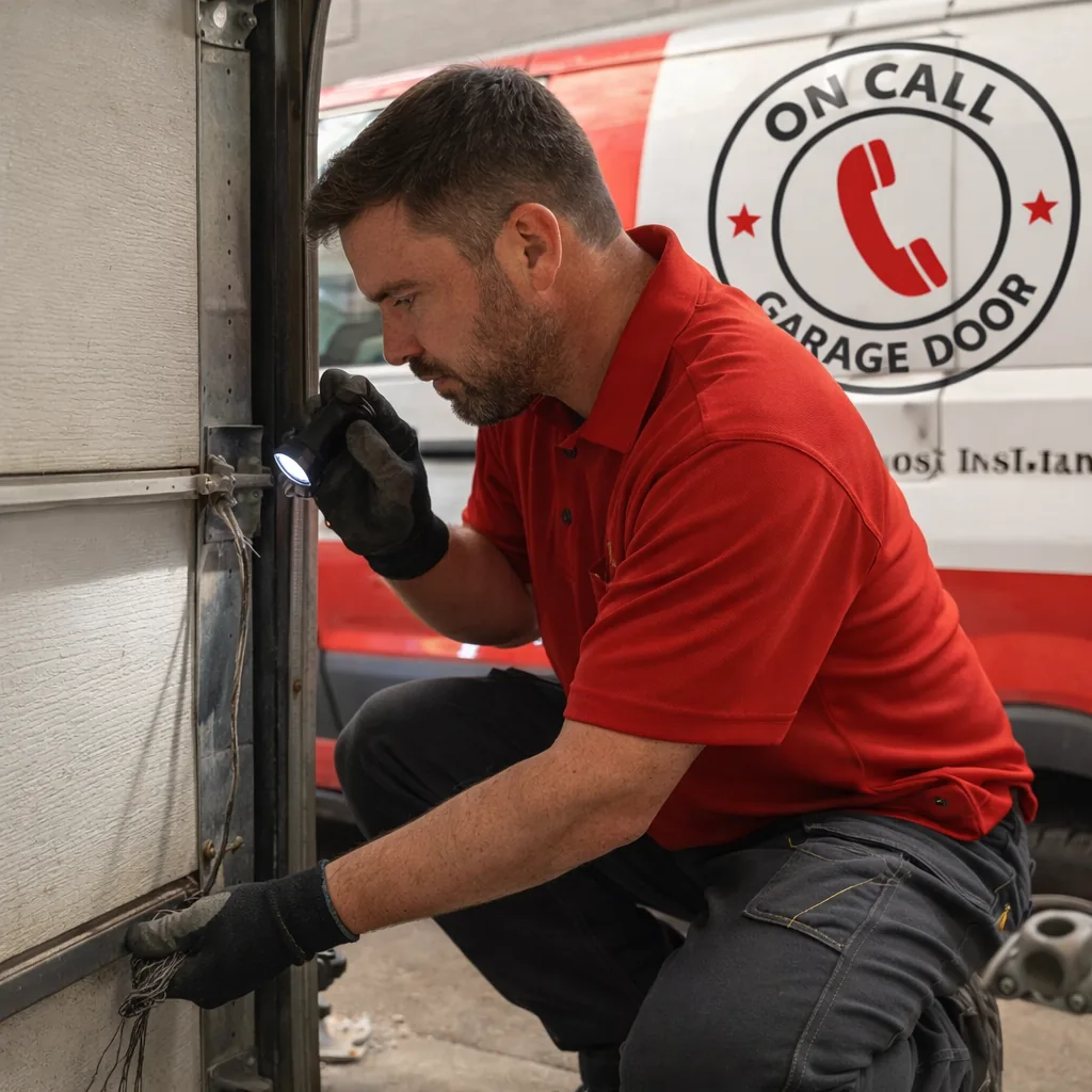 A technician kneeling beside a garage door track, inspecting a snapped lift cable with a flashlight
