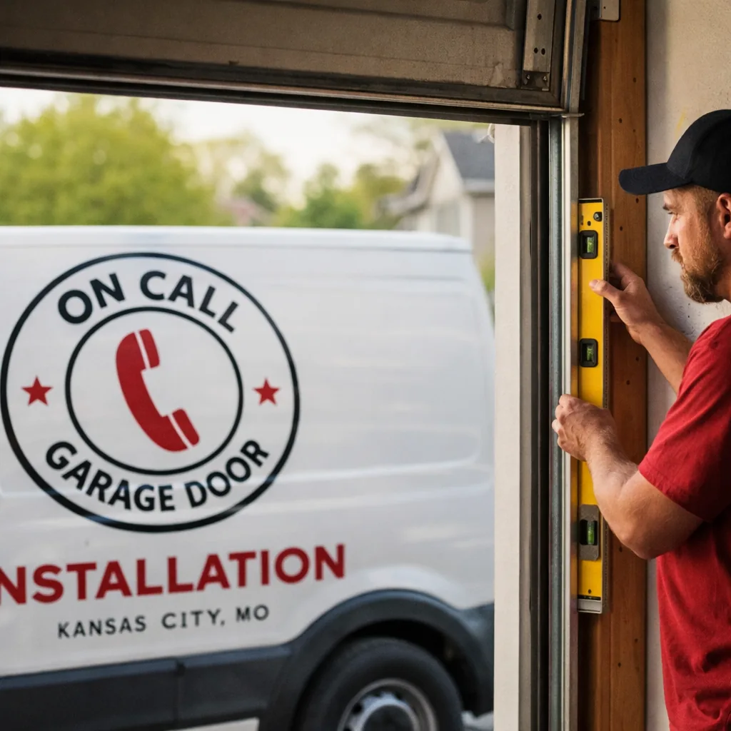 A technician using a level against a garage door track to check alignment on a residential garage