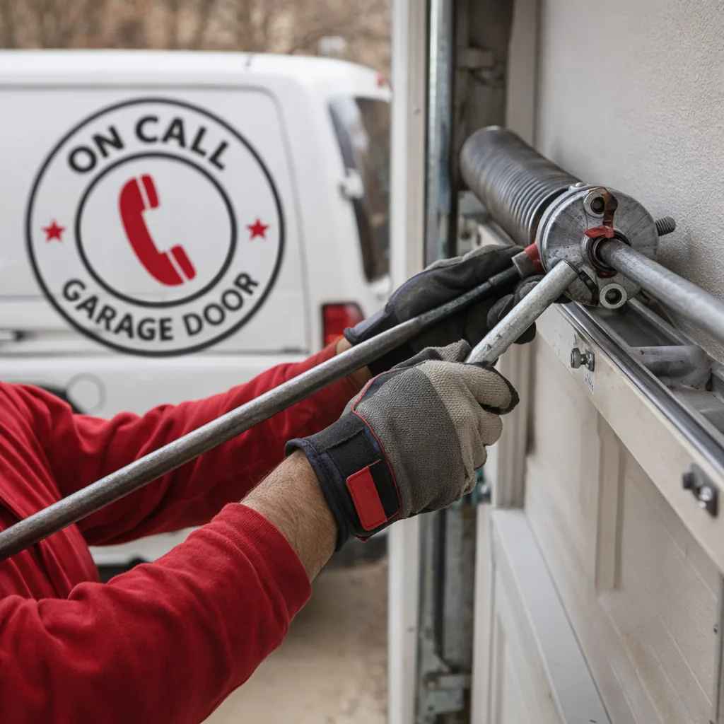 Close-up of a technician's hands adjusting spring tension hardware on a residential garage door