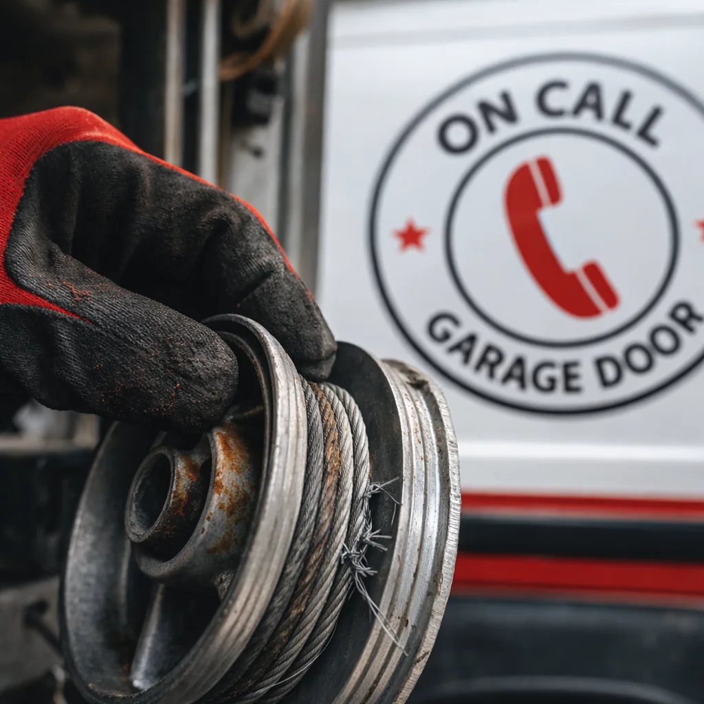A technician's gloved hand inspecting a lift cable drum on a garage door track for fraying and rust.