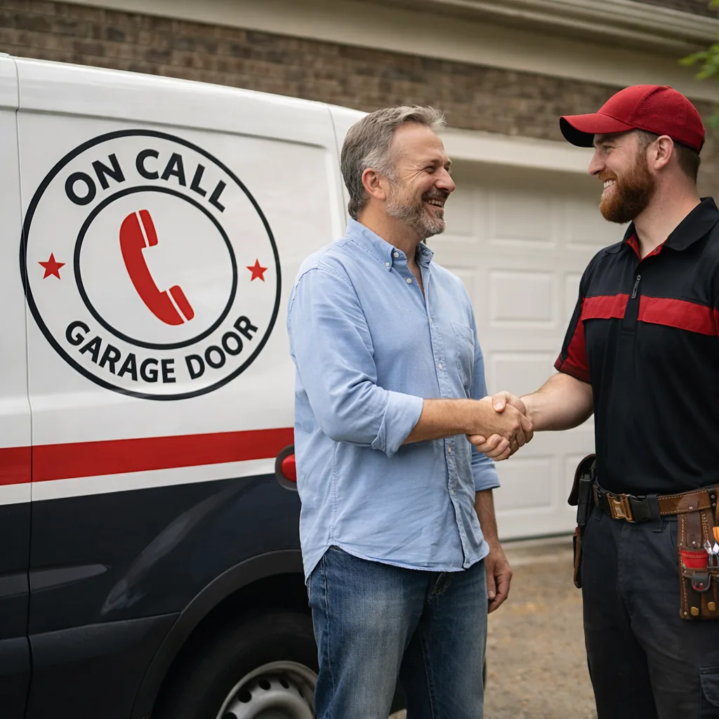 A homeowner and On Call technician shaking hands in front of a finished garage door installation