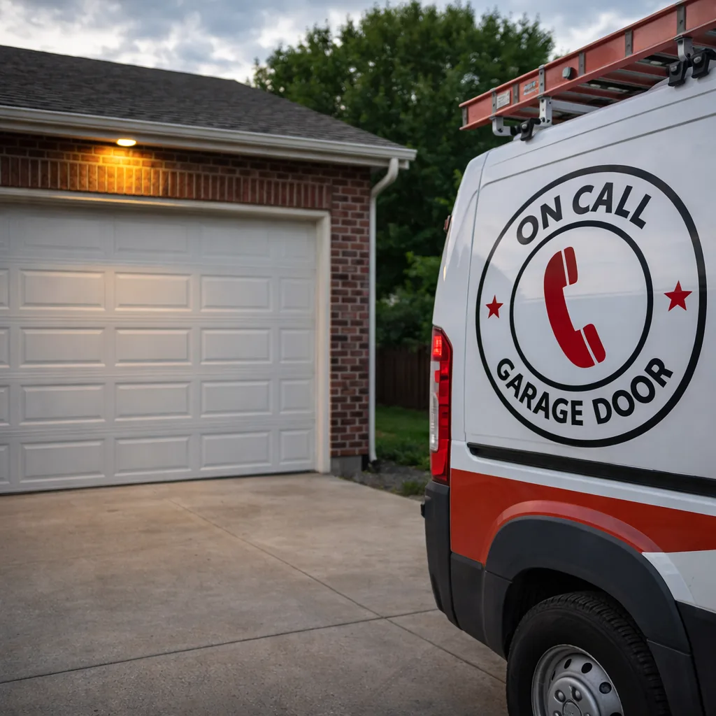 A newly installed steel garage door on a Kansas City home with a marked On Call service van in the driveway