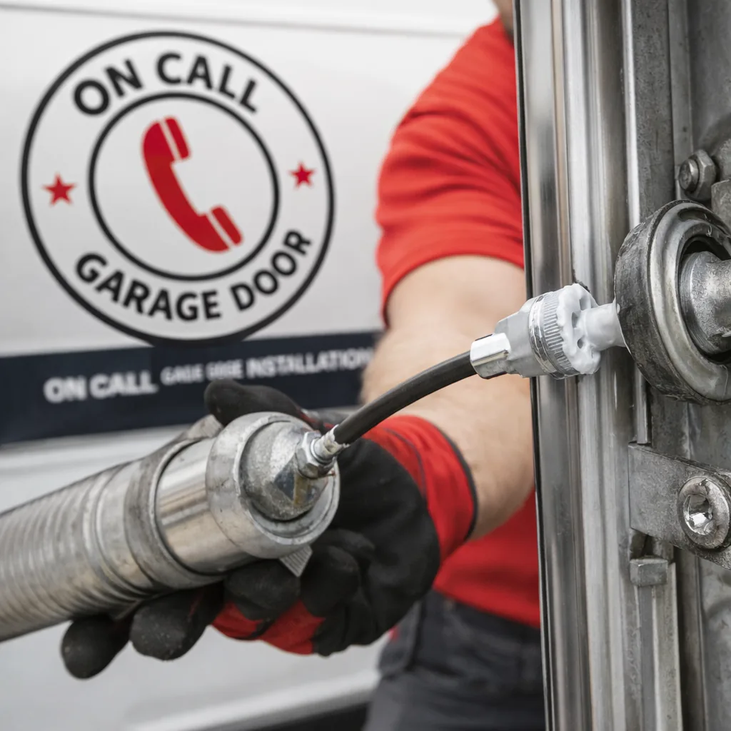 Close-up of a technician lubricating a garage door roller and track with a grease gun.