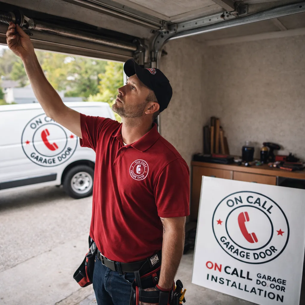 A technician inspecting a garage door torsion spring and track hardware in a residential garage, tools laid out nearby.