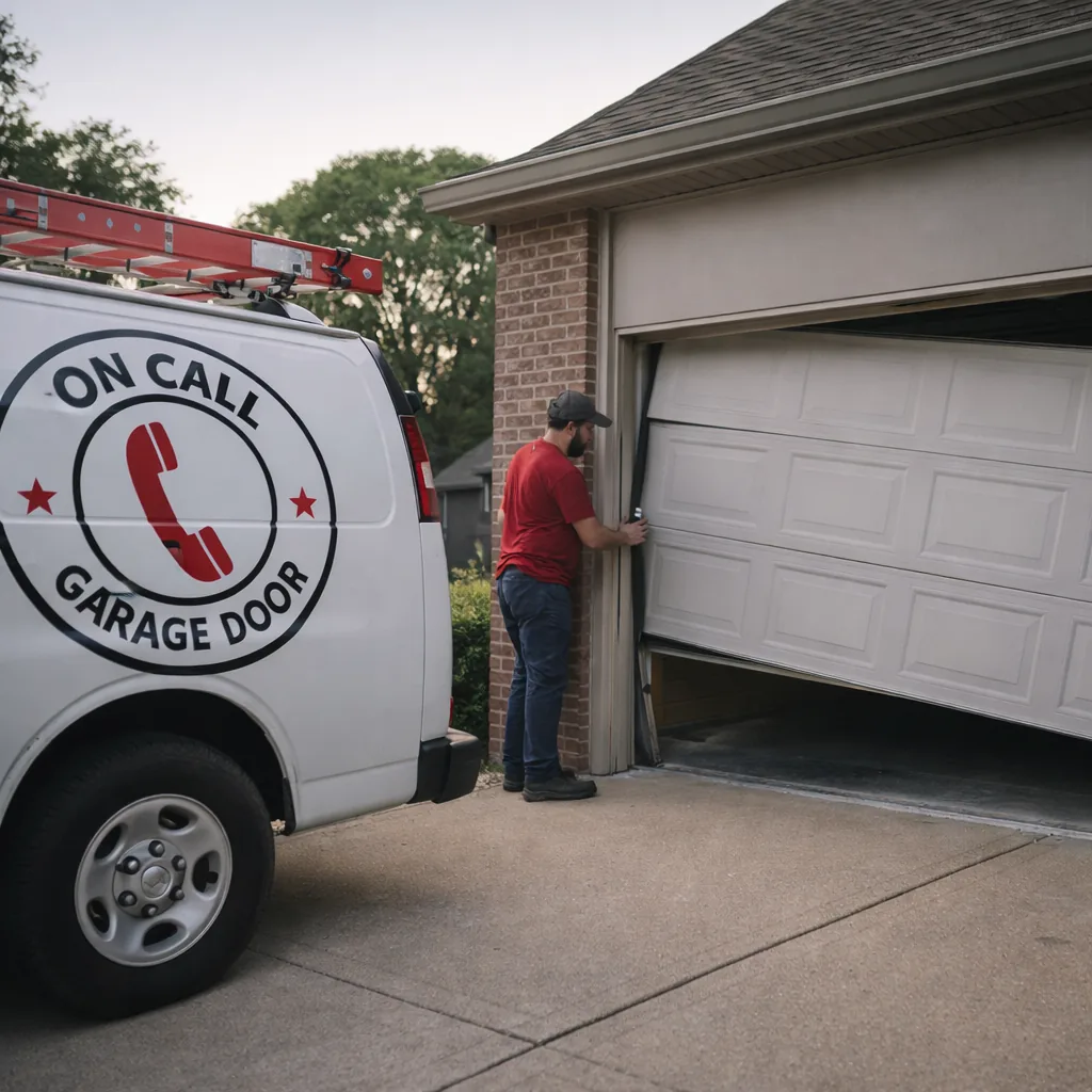 A residential garage door hanging crooked with one bottom corner off the vertical track, photographed from the driveway.