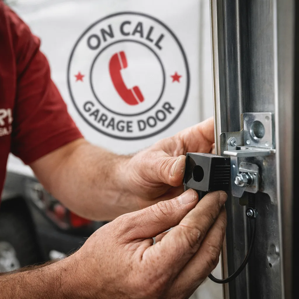 Close-up of a technician's hands aligning a photo-eye safety sensor bracket near the bottom of a garage door track.