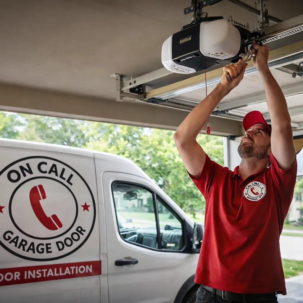A technician mounting a new belt-drive garage door opener to the ceiling rail of a residential garage, with the door open behind him in daylight.