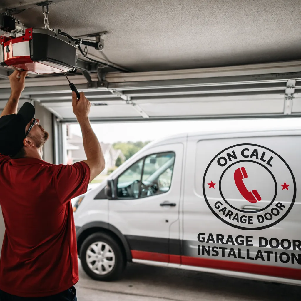 A uniformed technician working on an open garage door opener mounted to a residential garage ceiling, daylight streaming in through the open bay
