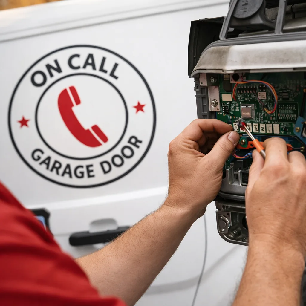Close-up of a technician's hands adjusting the logic board and wiring inside a garage door opener housing