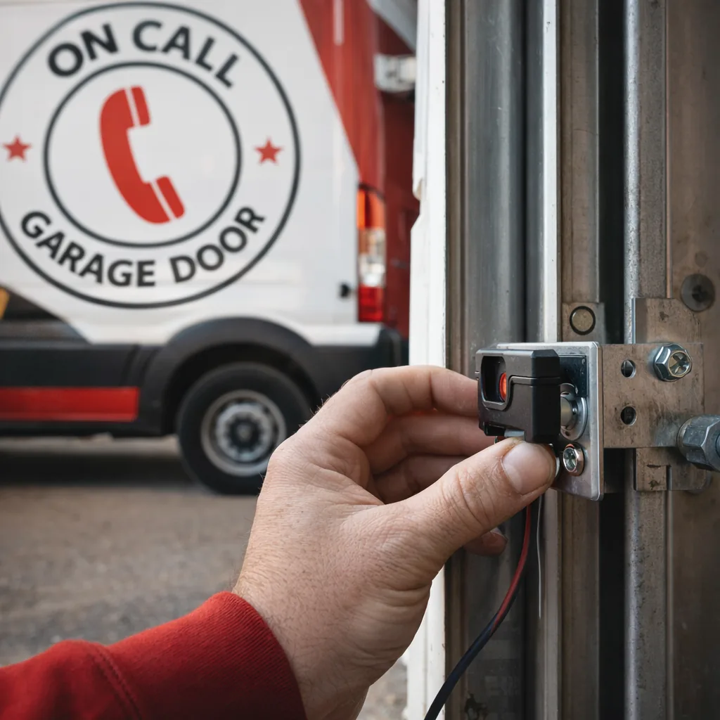 Close-up of a hand aligning a new photo-eye safety sensor bracket at the base of a garage door track.