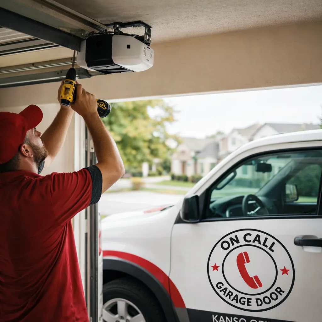 A technician installing a new belt-drive garage door opener unit on the ceiling track of a residential garage, drill in hand, door open behind him.