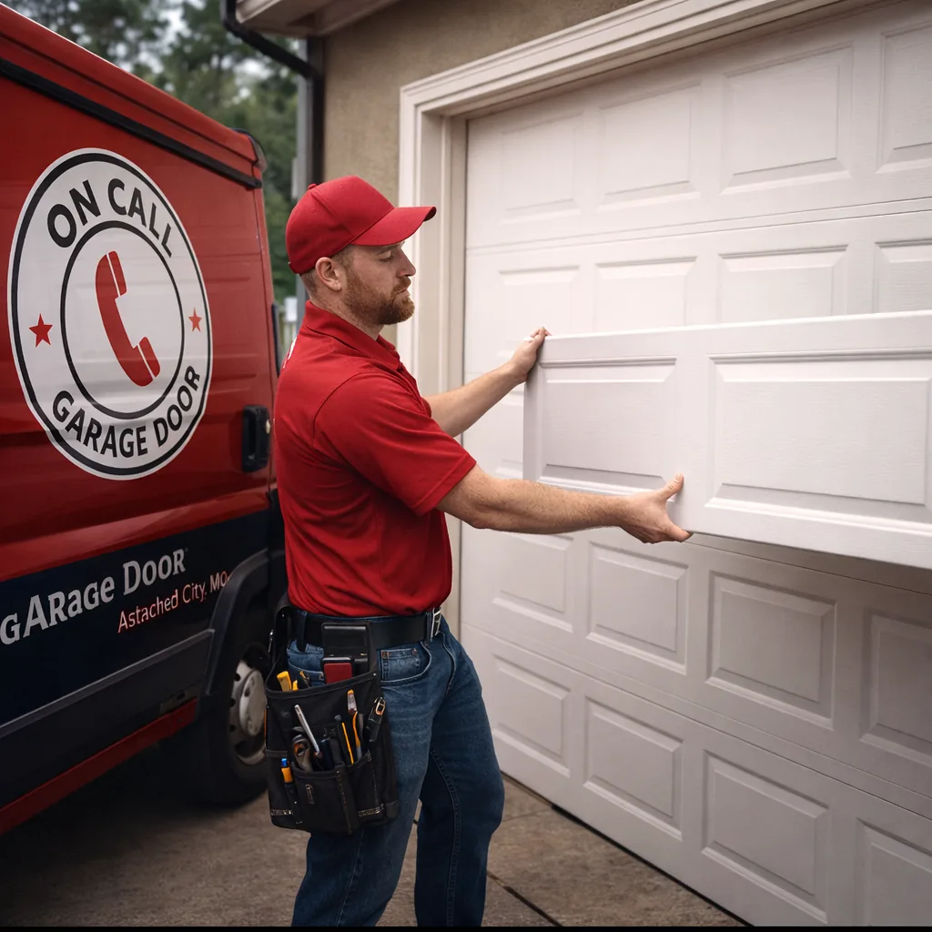 A technician fitting a single replacement panel section into a residential sectional garage door, the other panels still in place and matching