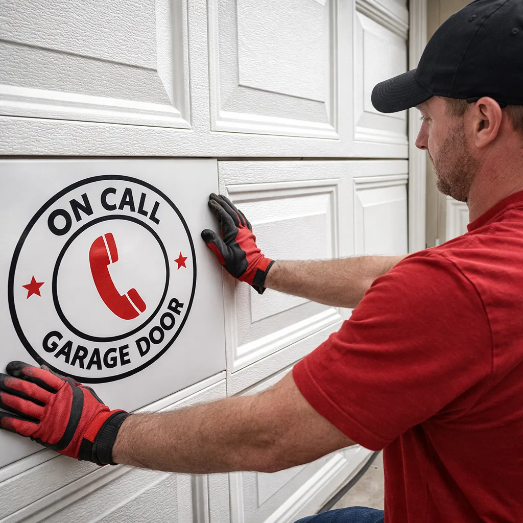 Close-up of a technician aligning a new sectional garage door panel with matching color and texture next to the original panels
