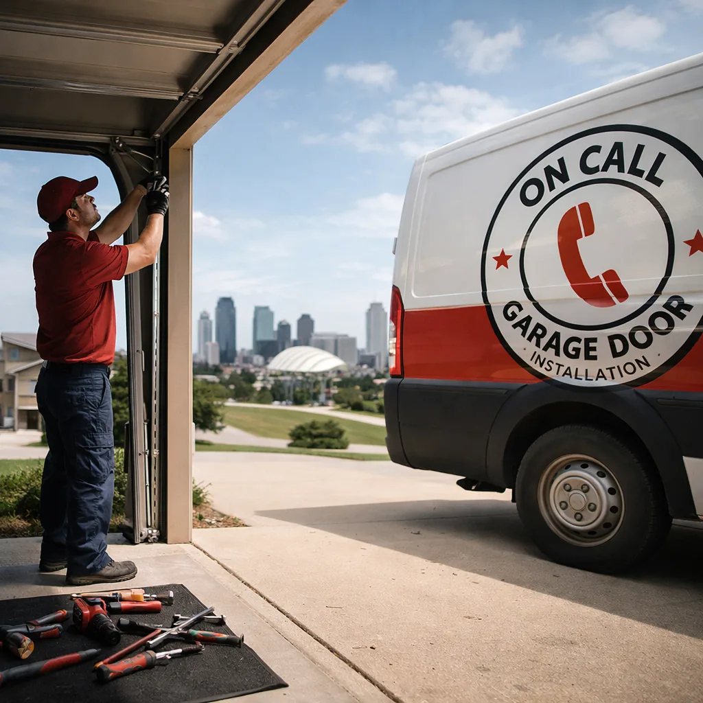 A uniformed technician working on an open residential garage door track in a Kansas City driveway, tools laid out on a mat, daylight.