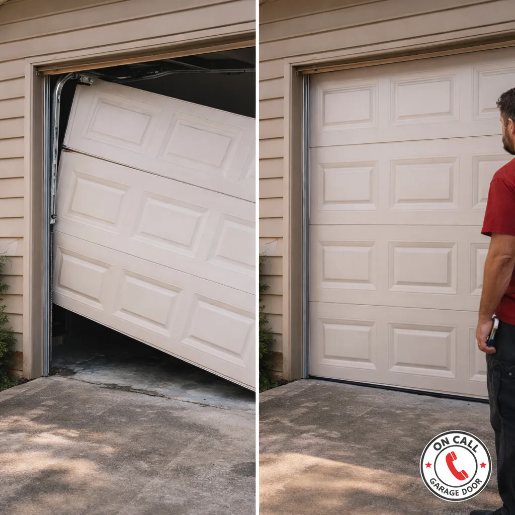 Side-by-side comparison of a garage door hanging off track before repair and the same door running smoothly on realigned track after repair.