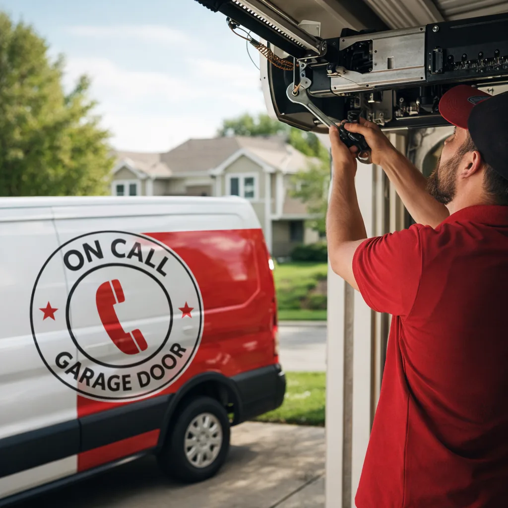 A technician working on a garage door opener rail in a Lenexa, Kansas driveway, with the opener housing panel removed.