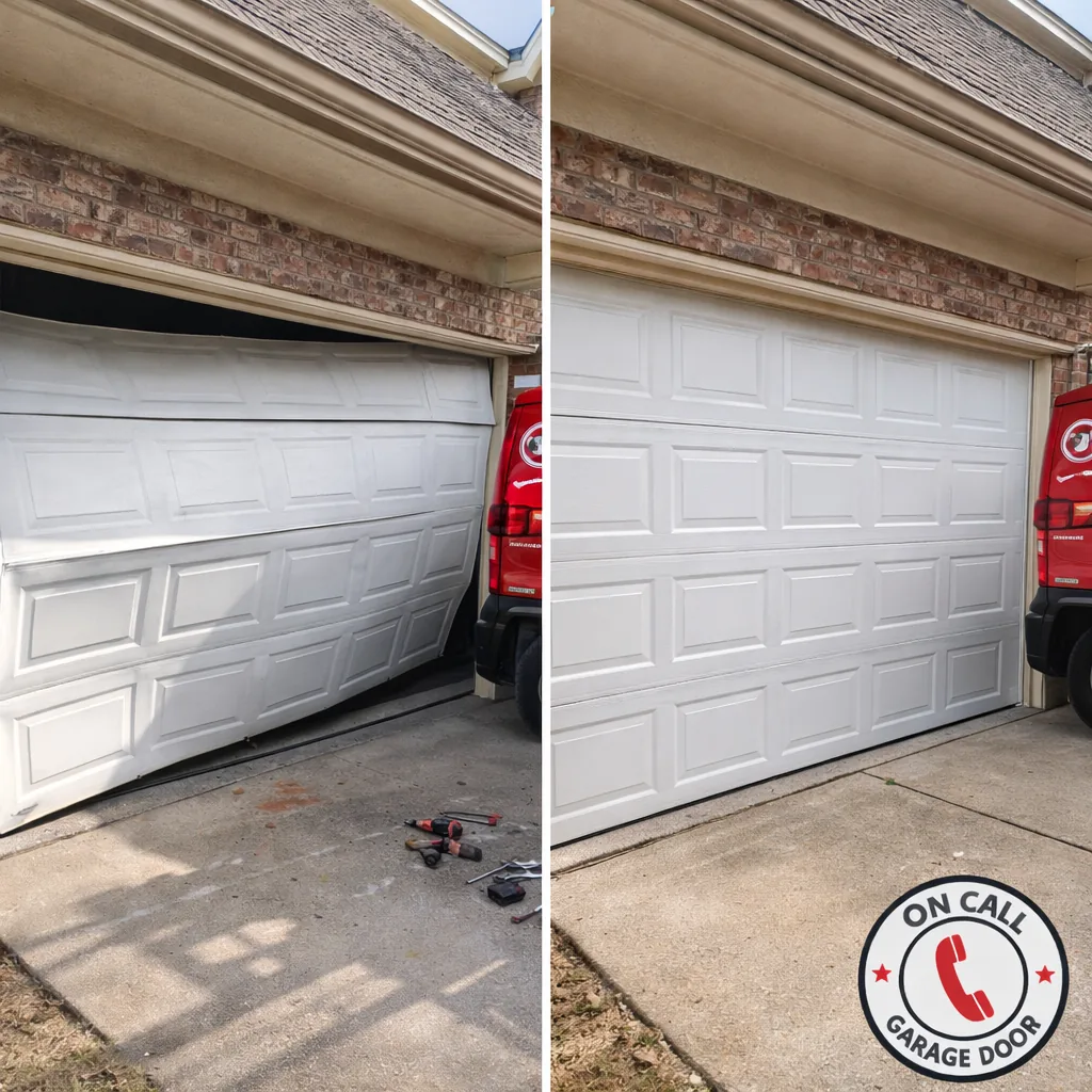Side-by-side before and after of a garage door: sagging and off-track on the left, repaired and level on the right.