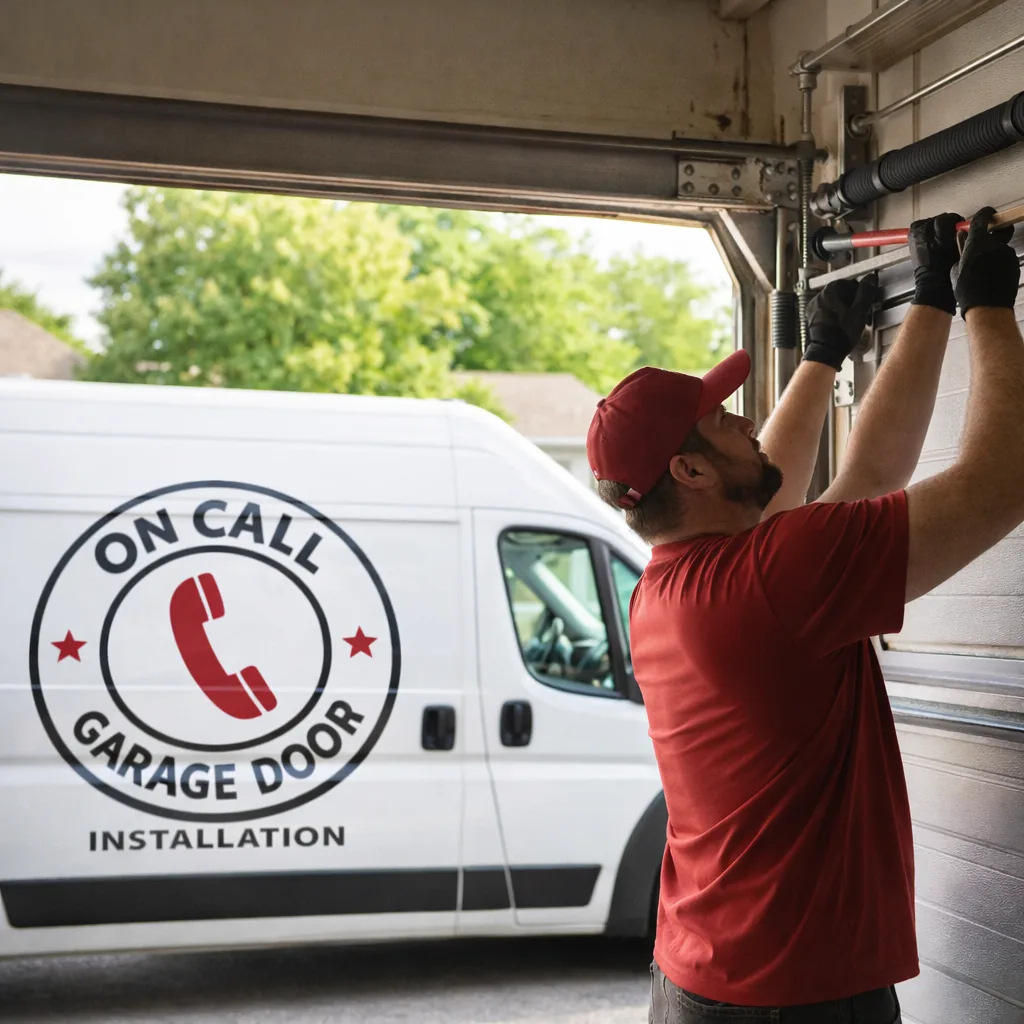 A technician working on a garage door torsion spring assembly in a Liberty, Missouri driveway, service truck parked nearby.