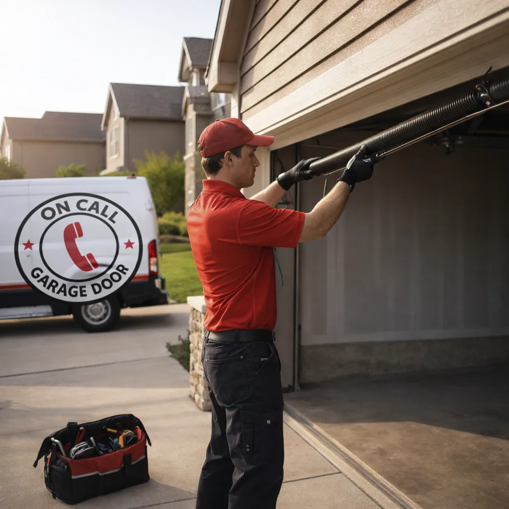 A uniformed technician repairing a garage door spring on a two-story home in an Olathe, Kansas subdivision, tool bag open on the driveway.