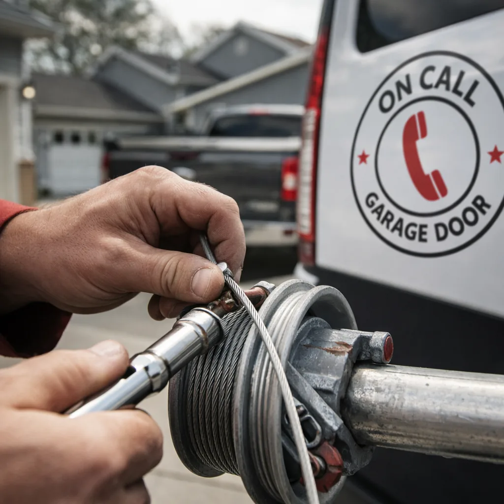 Close-up of a technician's hands replacing a garage door cable on a residential drum, driveway and suburban house visible in the background.