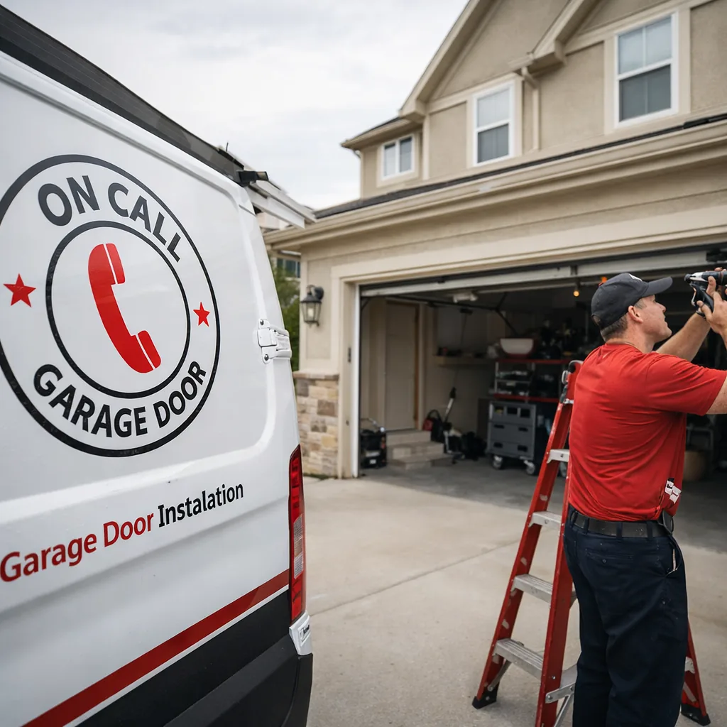 A technician working on an open two-car garage door at a suburban Overland Park home with a newer two-story house in the background.