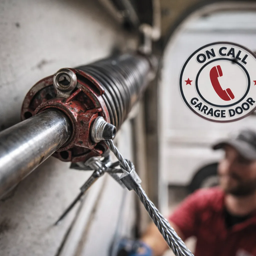 Close-up of a torsion spring shaft above a garage door, showing the winding cone and safety cable during a repair.