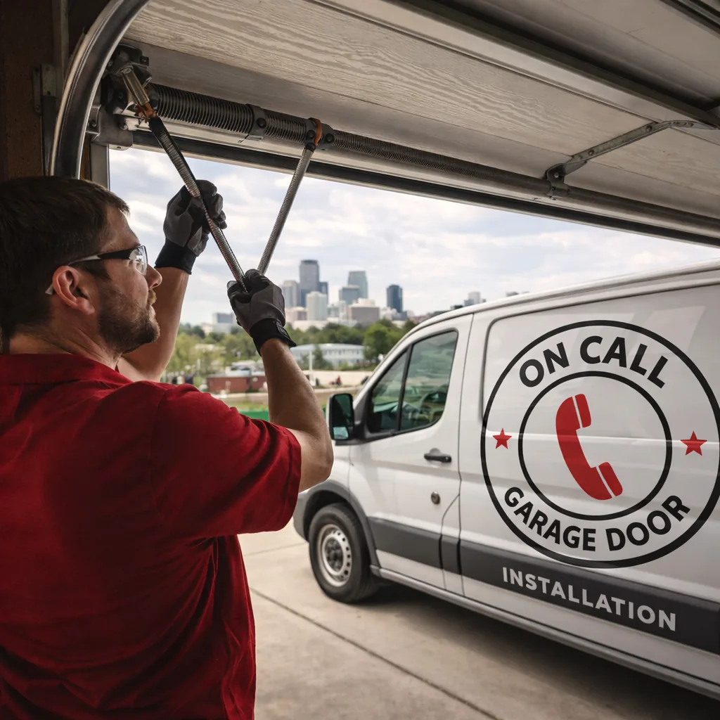 A technician wearing safety glasses using winding bars to adjust a torsion spring mounted above a garage door in Kansas City.