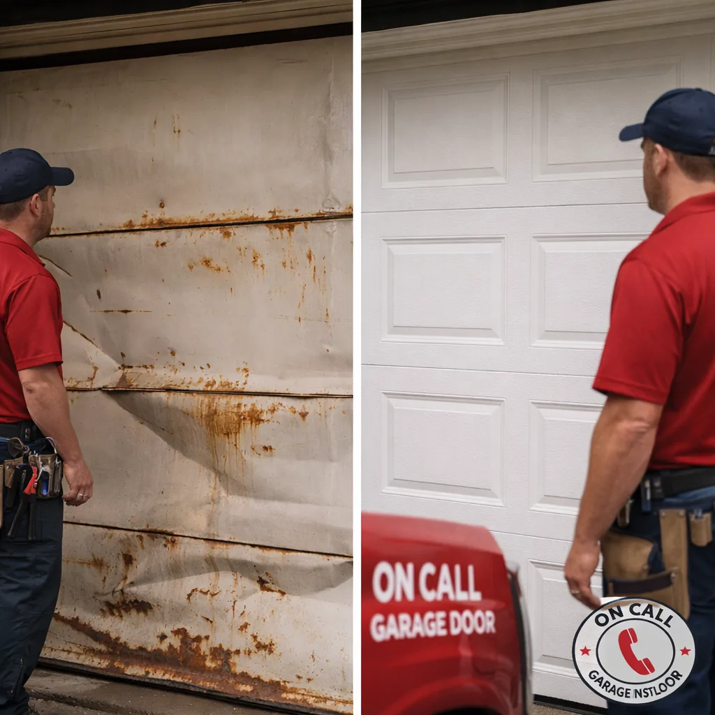 Side by side comparison of a rusted, dented original steel garage door next to the same opening with a new insulated door installed.
