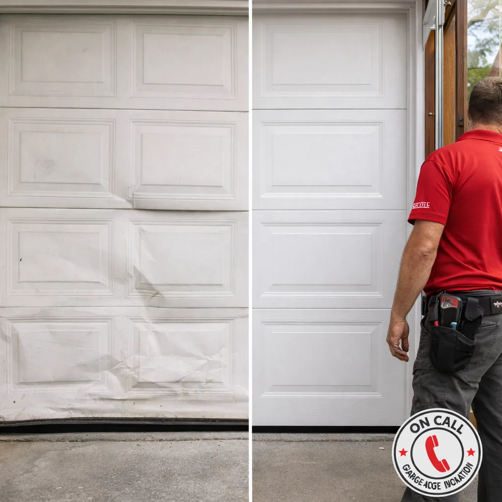 Before and after comparison of a garage door: the worn original panel with visible dents and fading on one side, the new insulated replacement on the other