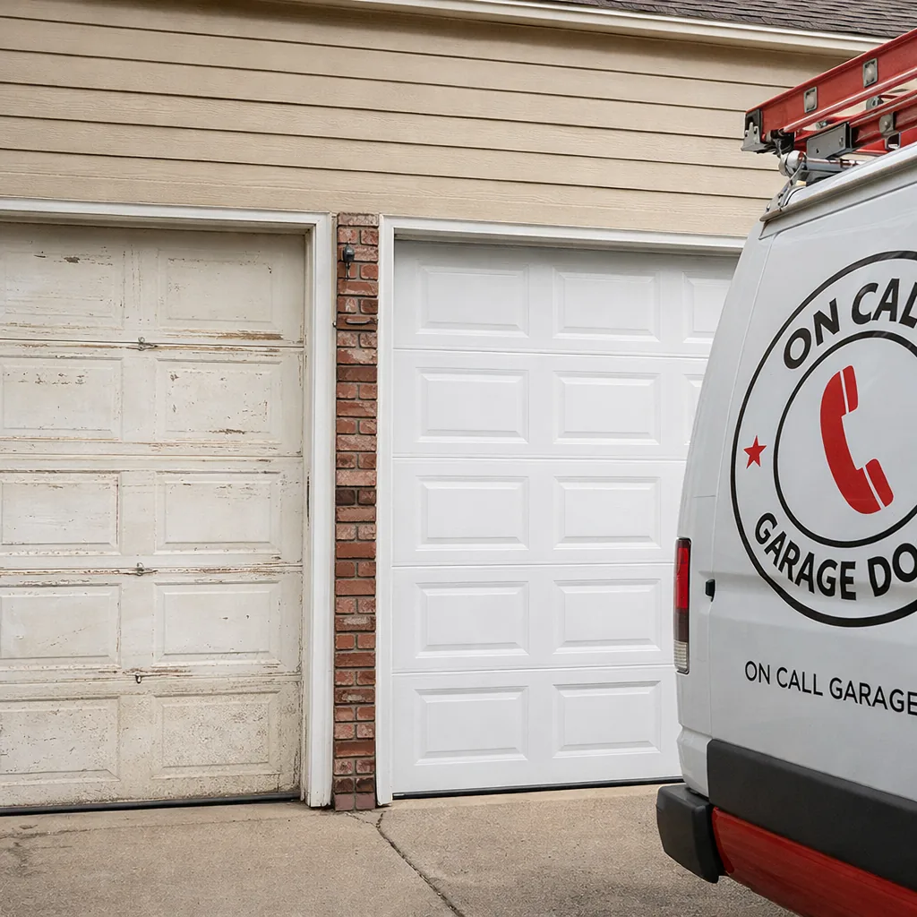 Side-by-side view of an old, worn garage door panel next to a freshly installed replacement door on the same home, showing the visual contrast