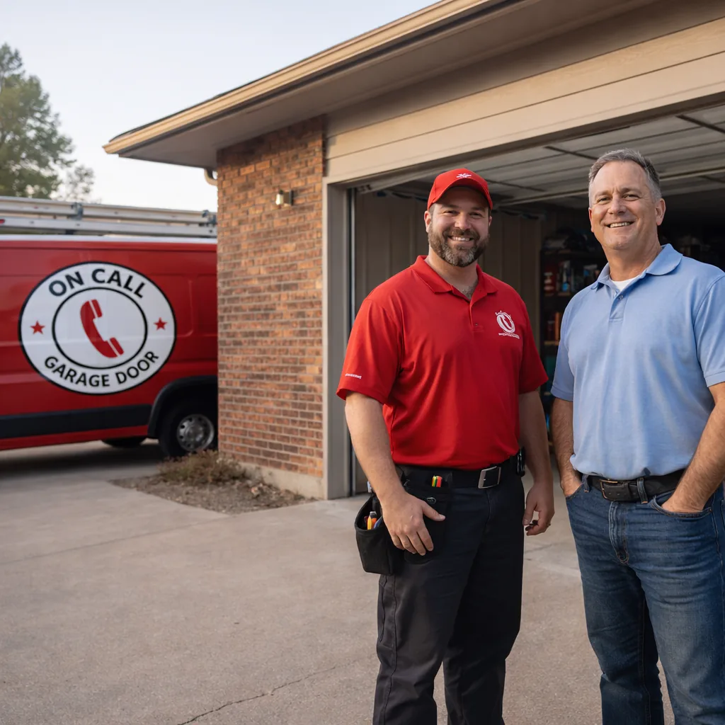 A uniformed technician and homeowner standing beside a newly installed steel garage door on a Kansas City ranch-style home, door fully open, morning light.