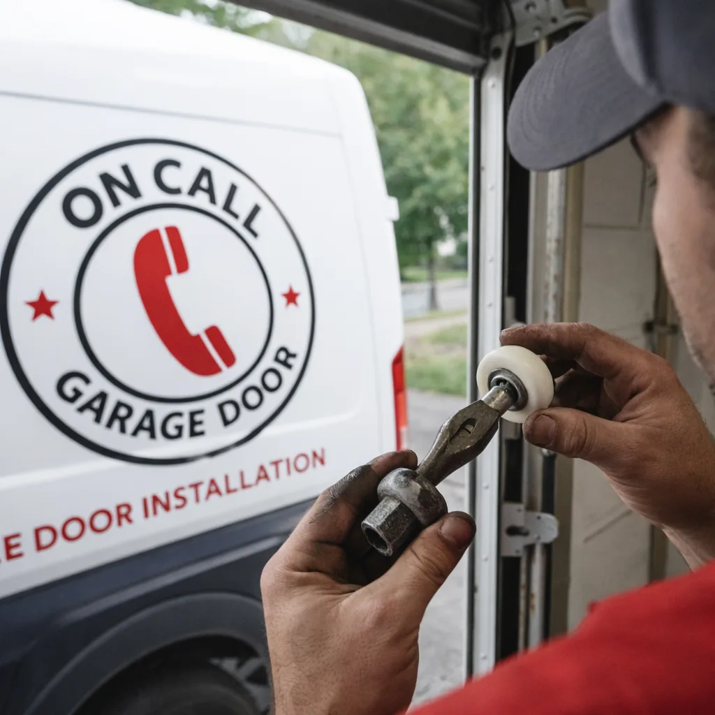 Close-up of a technician replacing a worn nylon roller in a garage door track, old roller in hand for comparison.
