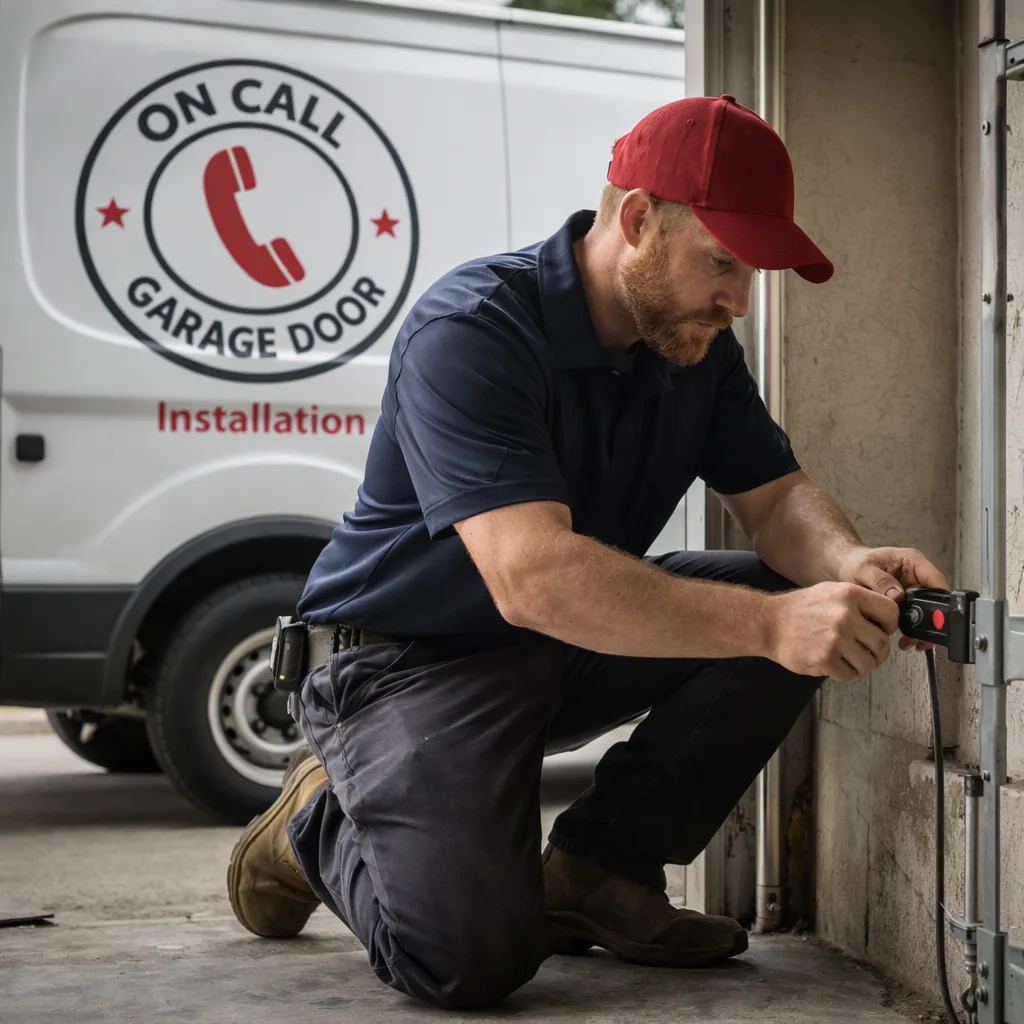 A technician kneeling beside a garage door track, adjusting a small photo-eye safety sensor mounted a few inches off the concrete floor.