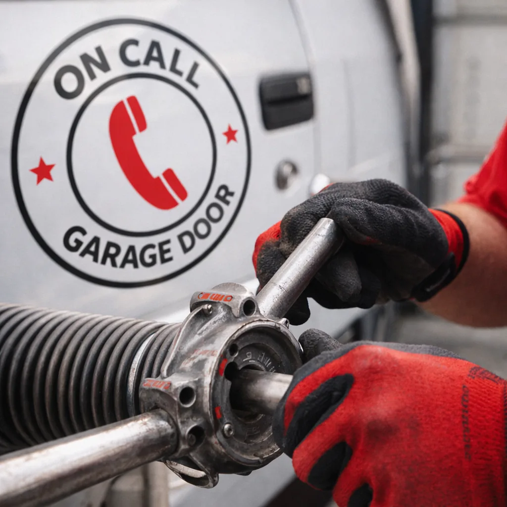 Close-up of a technician's gloved hands adjusting a torsion spring cone on a residential garage door, with the winding bar in place for safety.