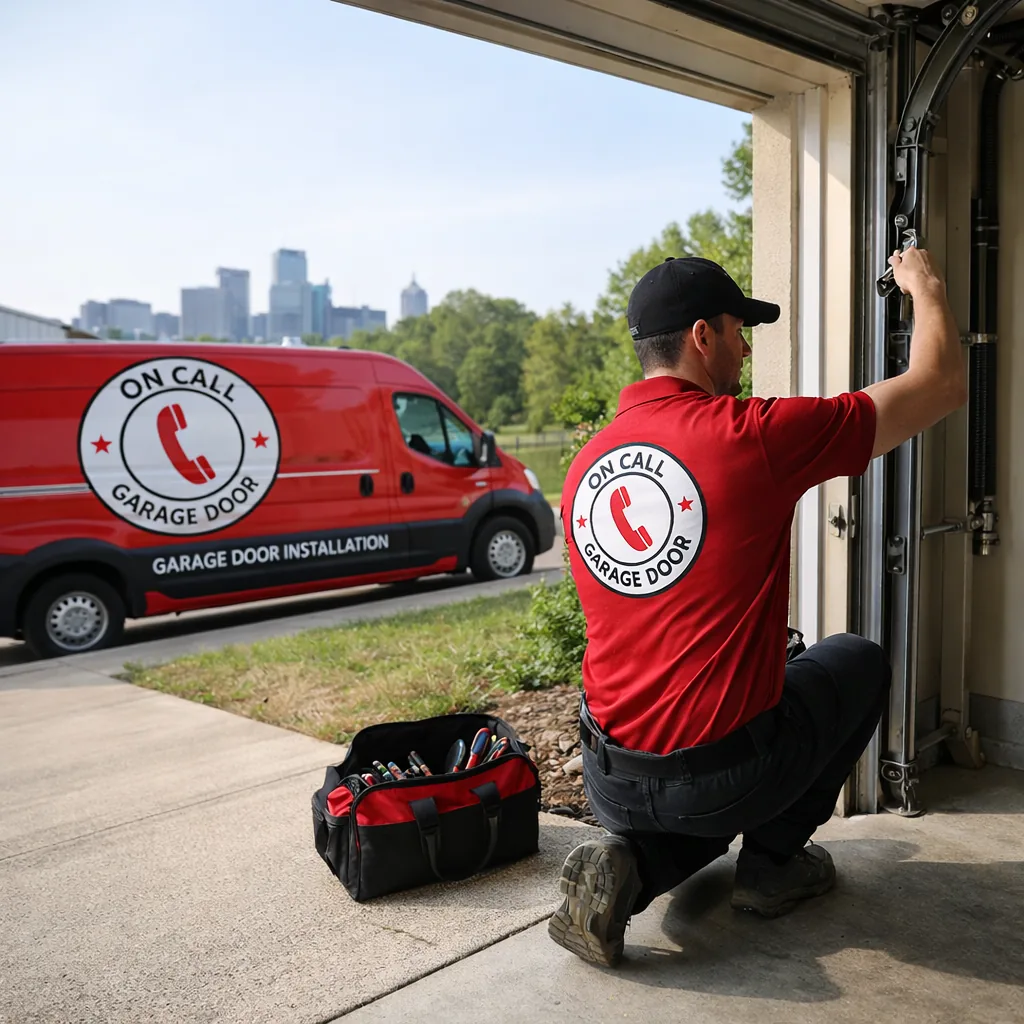 A uniformed technician kneeling beside an open residential garage door with the torsion spring and track visible, mid-inspection with a tool bag on the driveway.