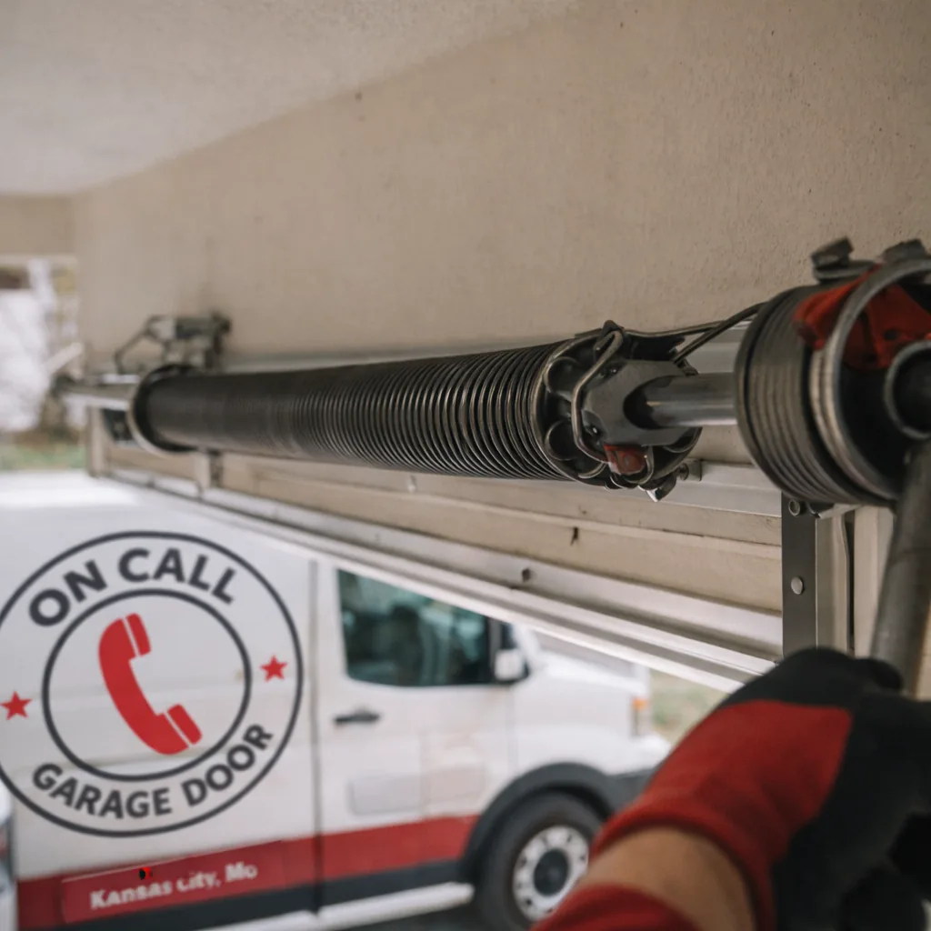 Close-up of a torsion spring assembly mounted above a garage door, showing the shaft, cable drums, and winding cones before or during replacement