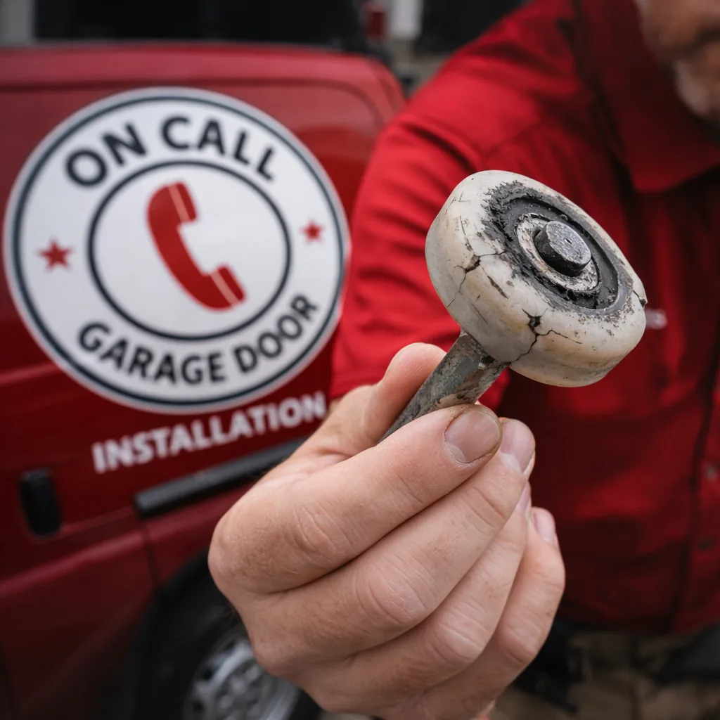 A technician inspecting a worn or cracked roller removed from a garage door track, holding it up for close inspection