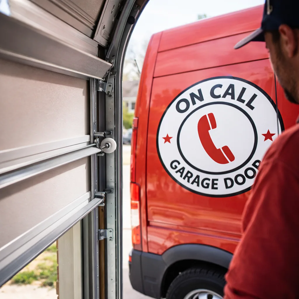 A close-up view of a garage door vertical track with rollers riding inside it, showing the door partially open and aligned correctly