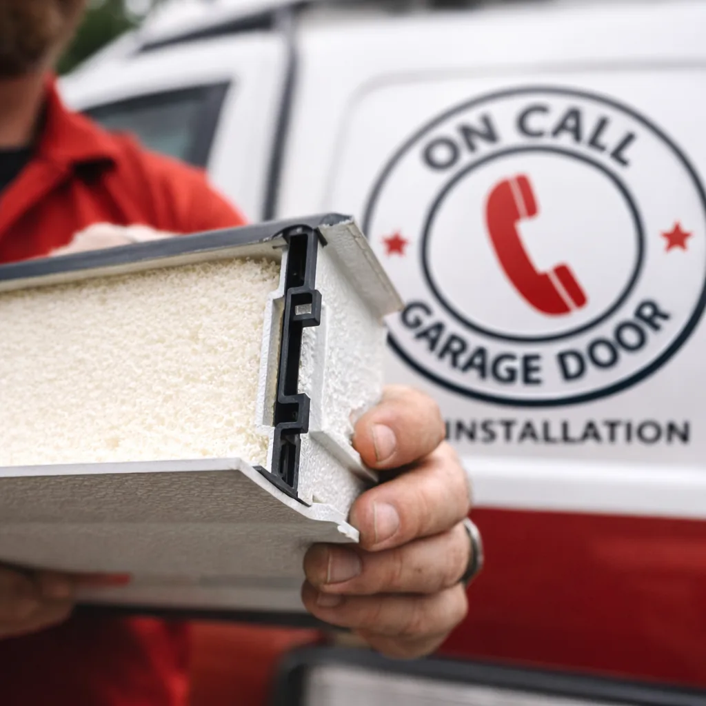 Cutaway view of an insulated garage door panel showing the steel skin, foam core, and thermal break, held by a technician for inspection.
