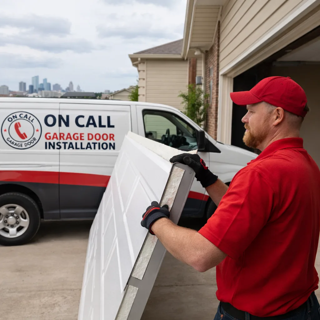 A technician installing a foam-core insulated garage door panel on an attached garage of a Kansas City area home, cross-section of the panel visible showing the insulation layer.