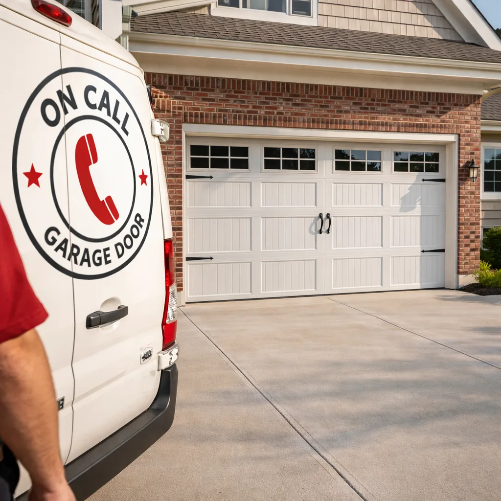 Front exterior of a Kansas City-style home with a newly installed insulated steel garage door in a modern carriage-house design, daylight, clean driveway.