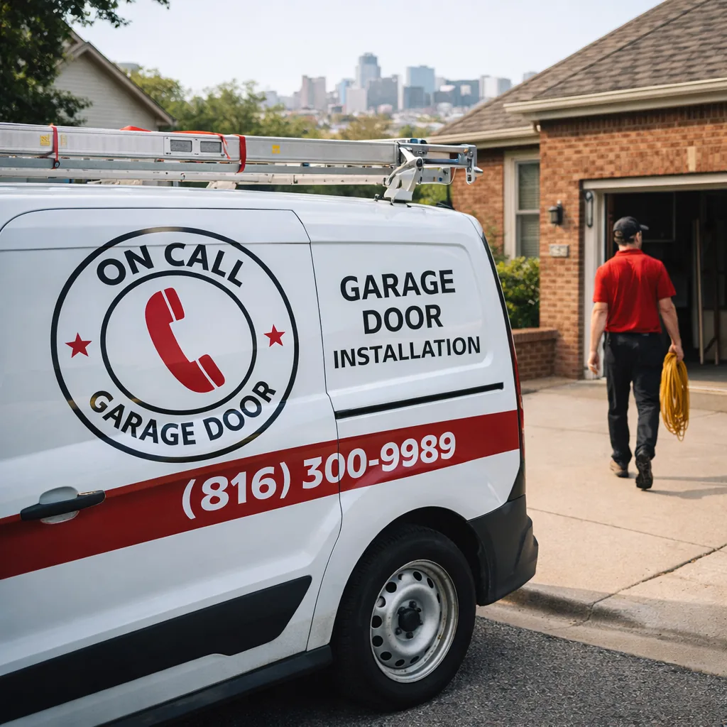 A marked On Call service van parked in front of a Kansas City home during a daytime installation call
